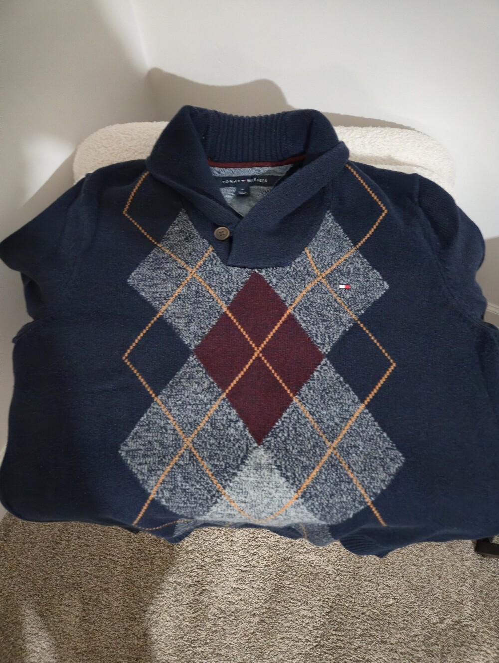 Tommy Hilfiger Navy Argyle Turtleneck Sweater with Burgundy Accent Medium Size